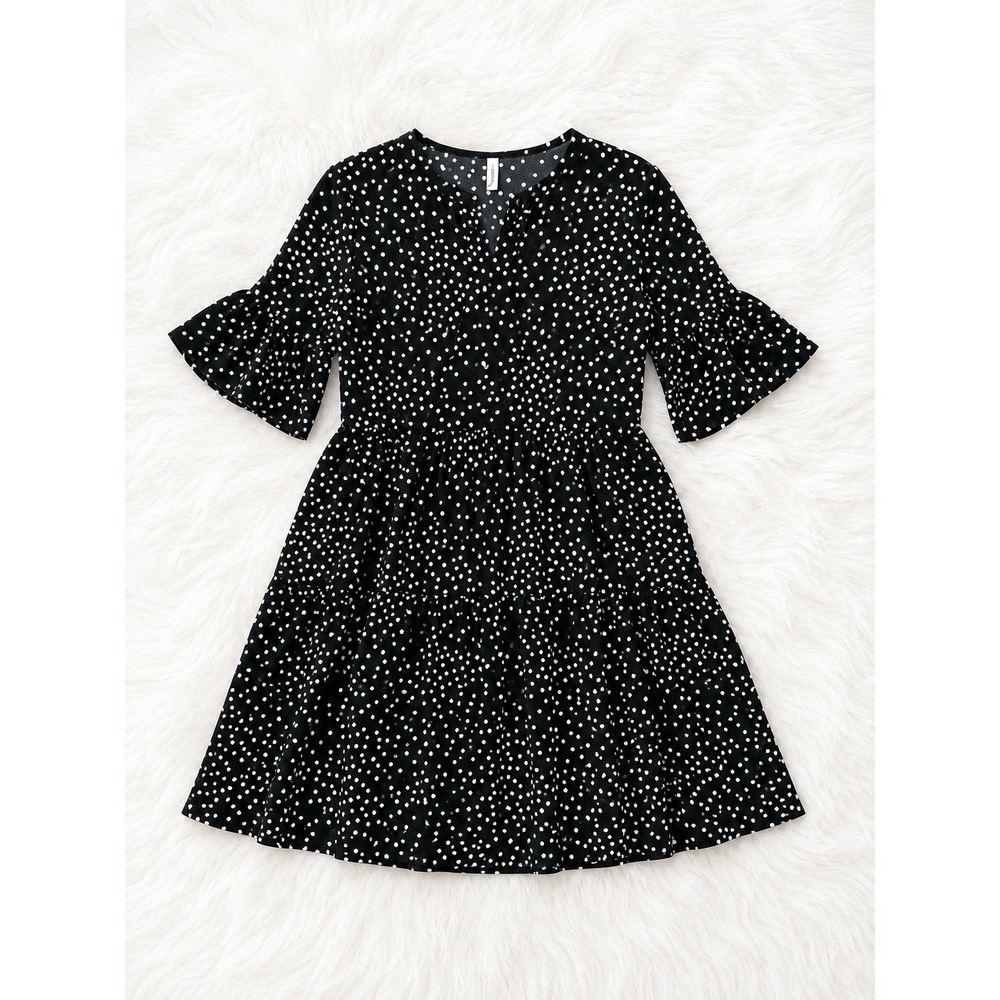 Viishow Black White Polka Dot Dress Medium Cottagecore Ruffle Sleeve Babydoll
